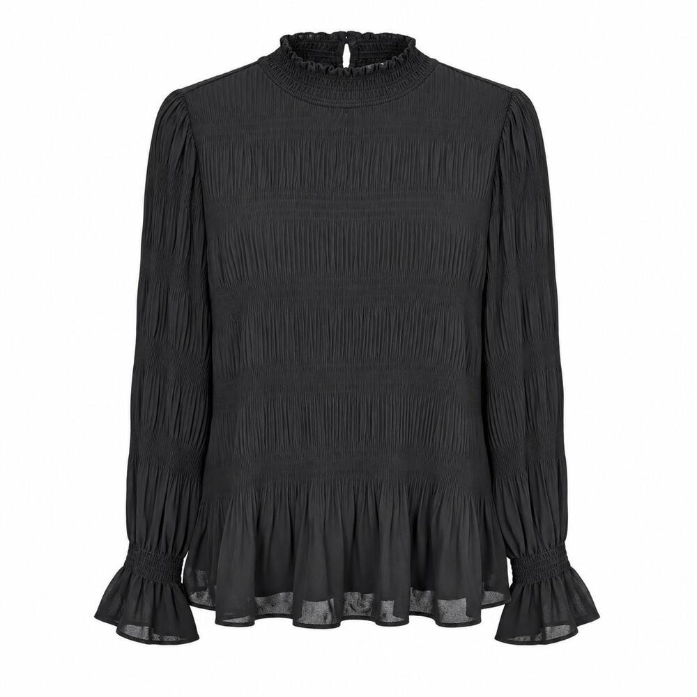 Adrianna Papell Black Pleated Mock Neck Blouse Long Sleeve Ruffle Hem Size S